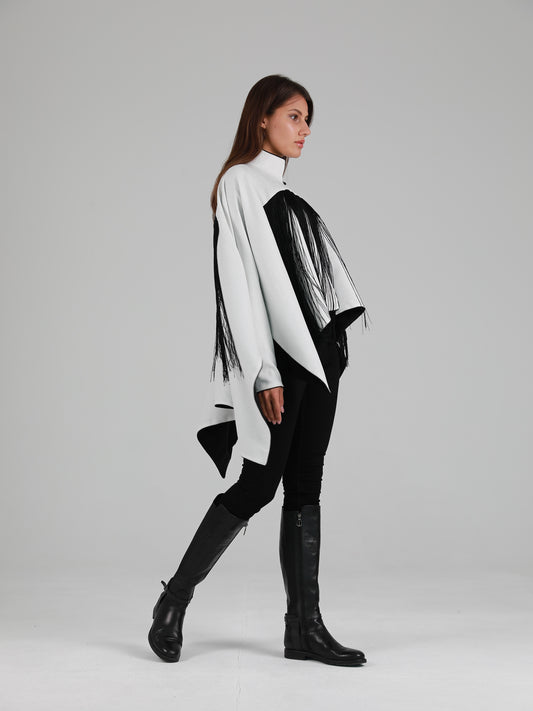 Long-Sleeve High Mandarin Collar Fringed Cape - White