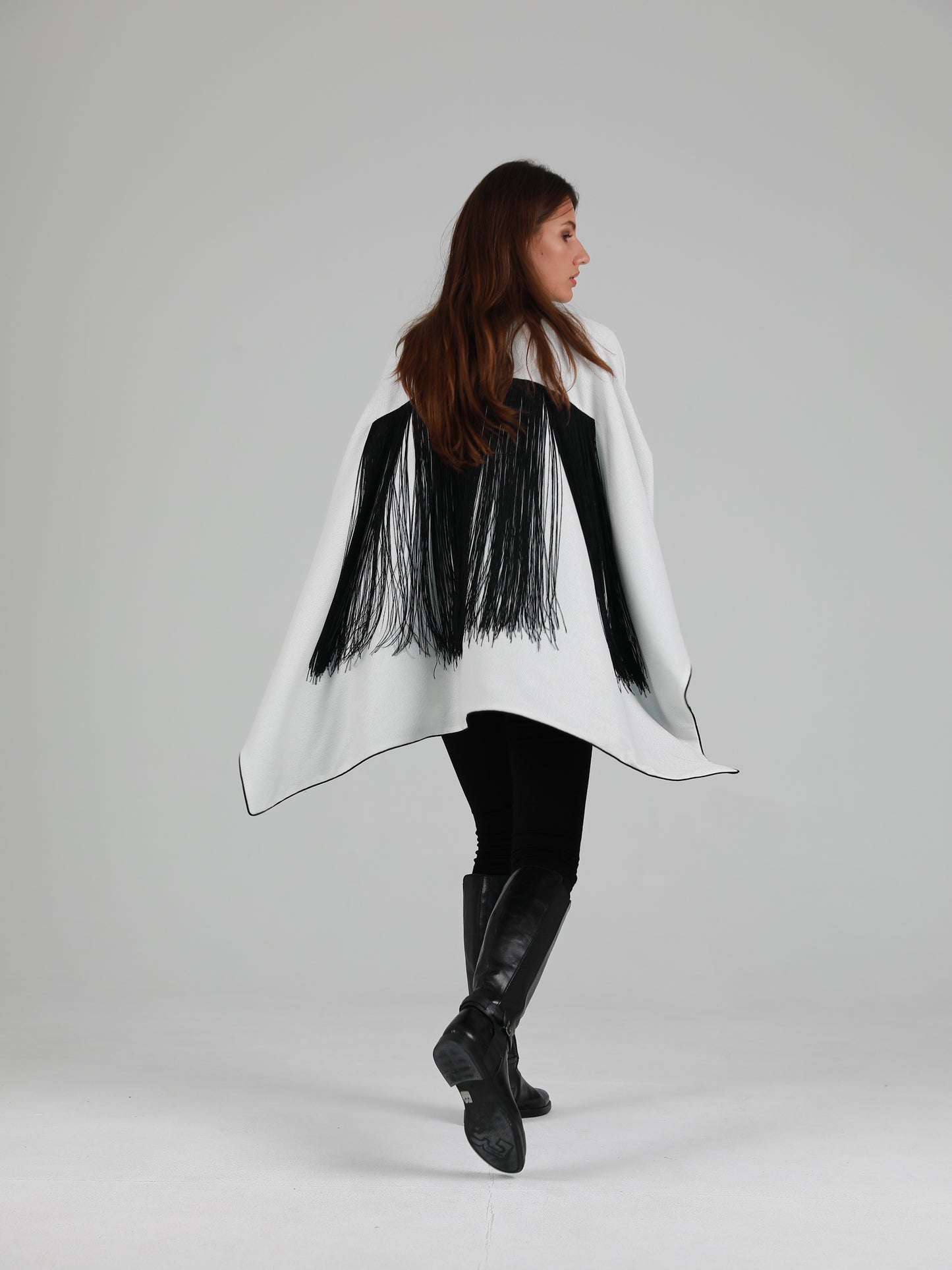 Long-Sleeve High Mandarin Collar Fringed Cape - White