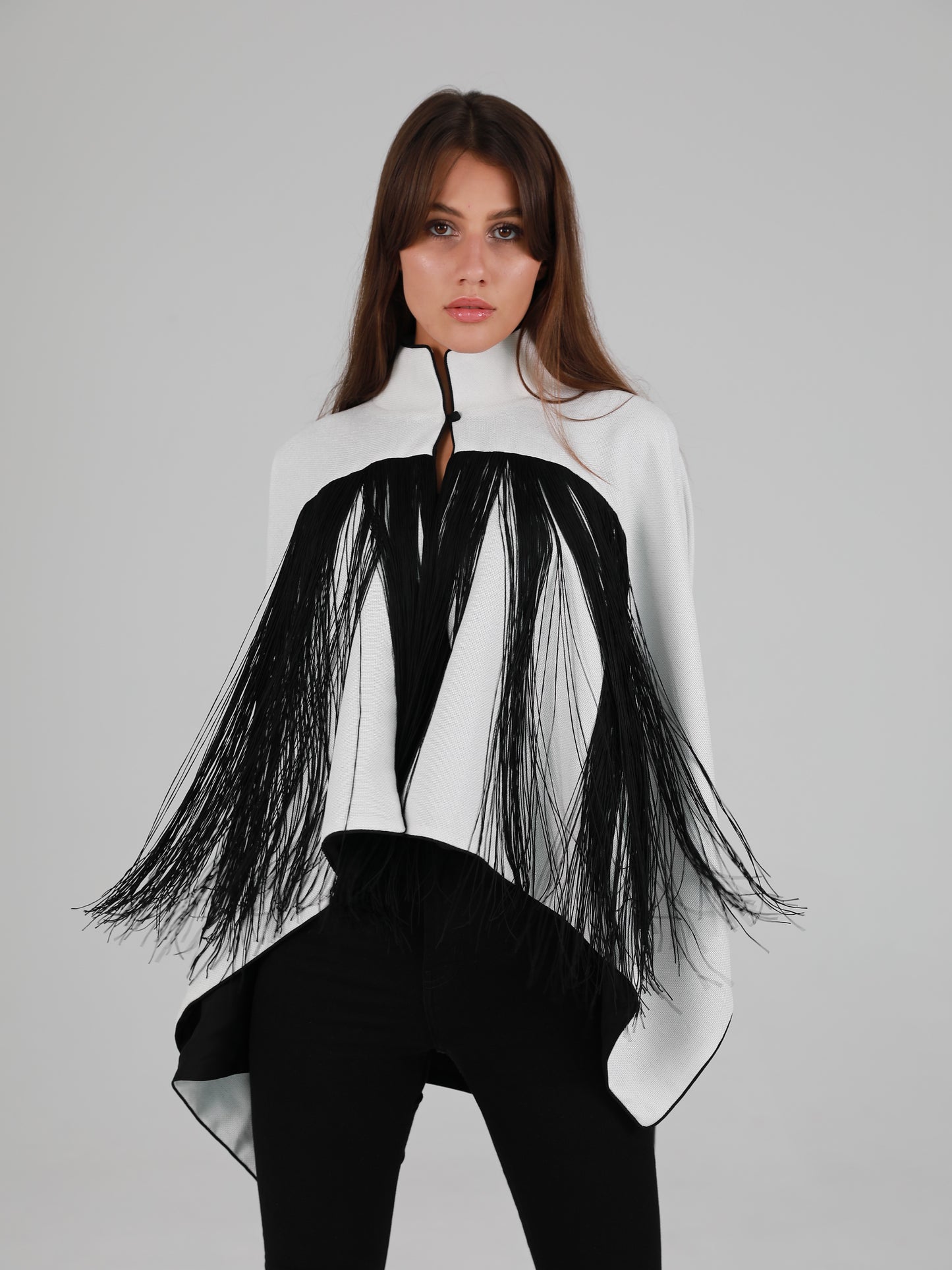 Long-Sleeve High Mandarin Collar Fringed Cape - White