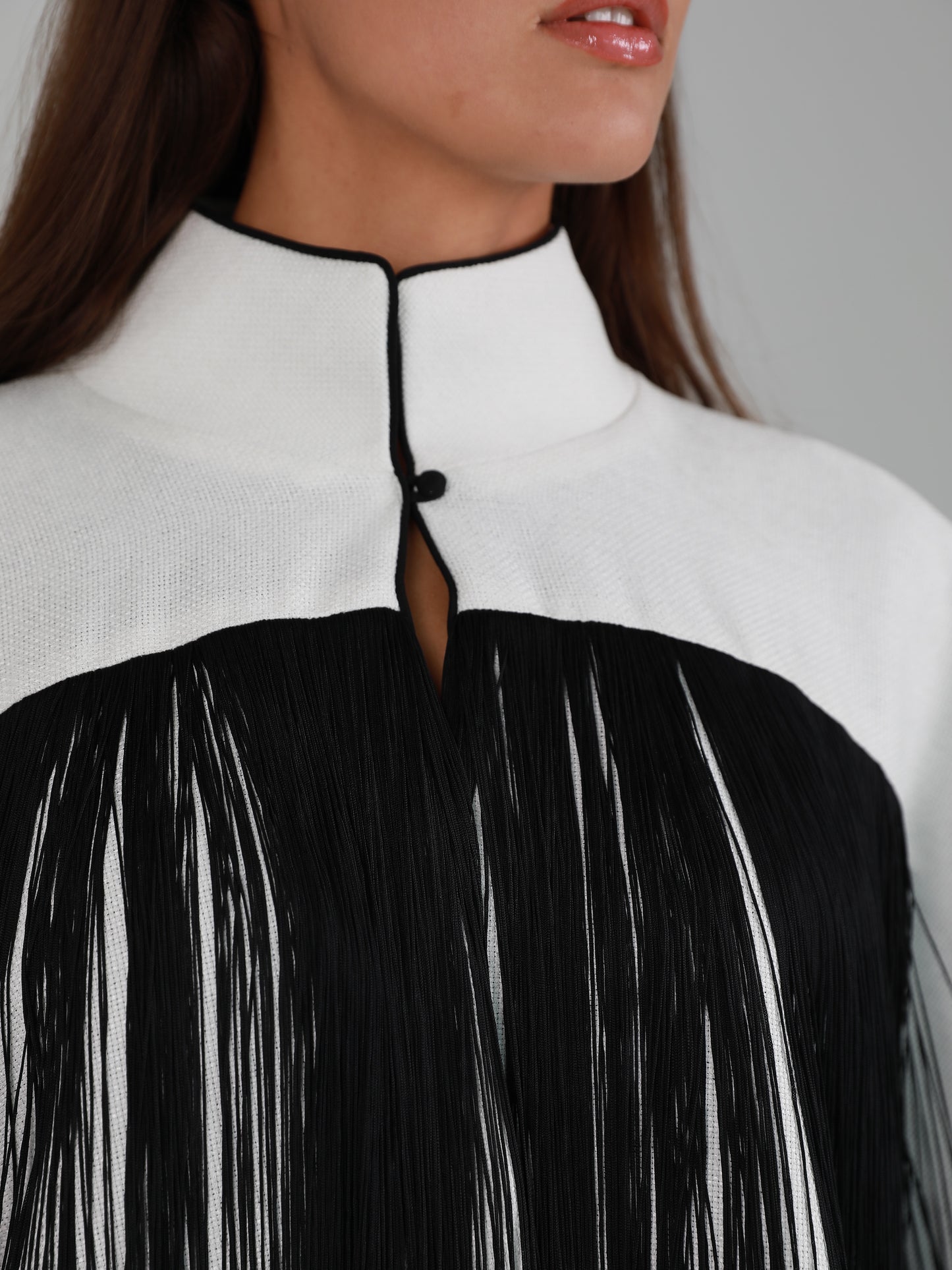 Long-Sleeve High Mandarin Collar Fringed Cape - White