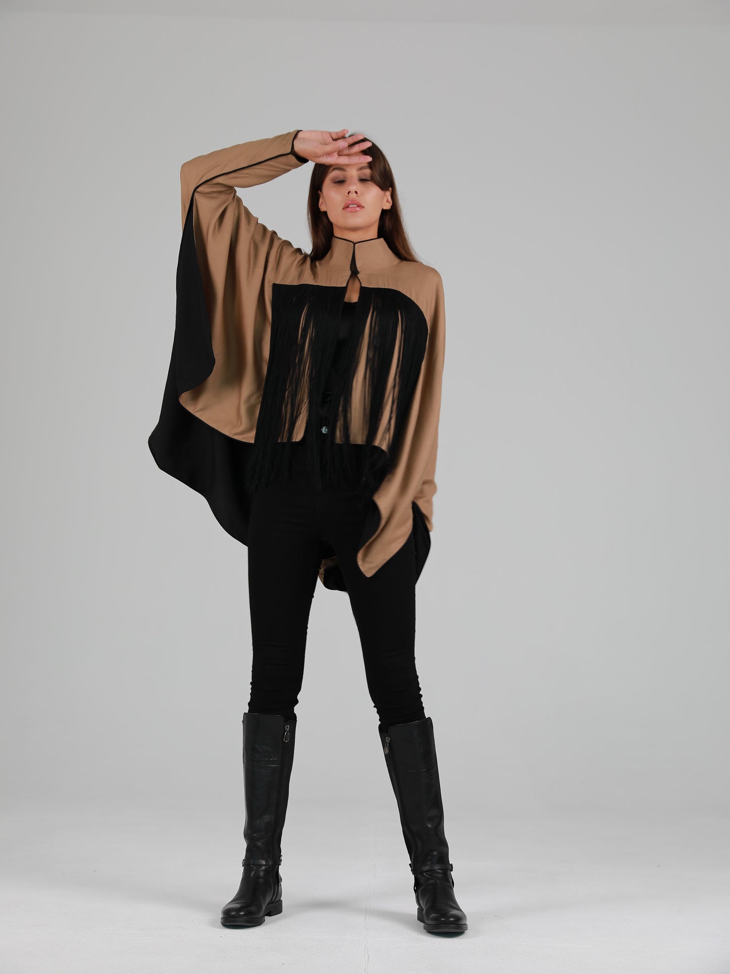 Long-Sleeve High Mandarin Collar Fringed Cape - Khaki