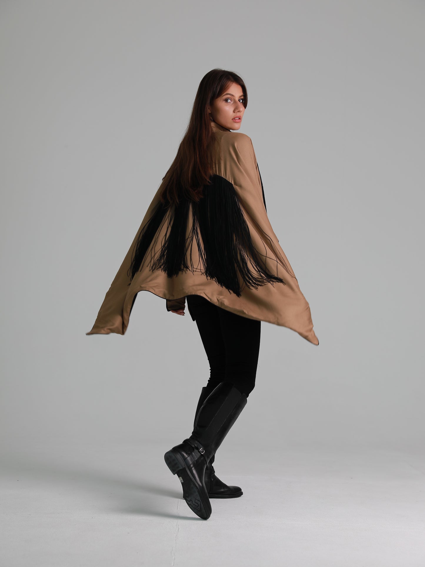 Long-Sleeve High Mandarin Collar Fringed Cape - Khaki