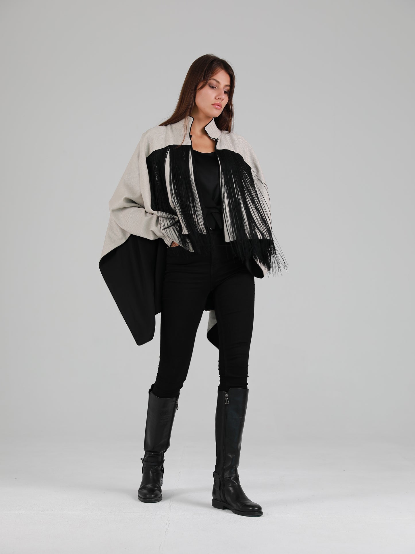 Long-Sleeve High Mandarin Collar Fringed Cape - Grey