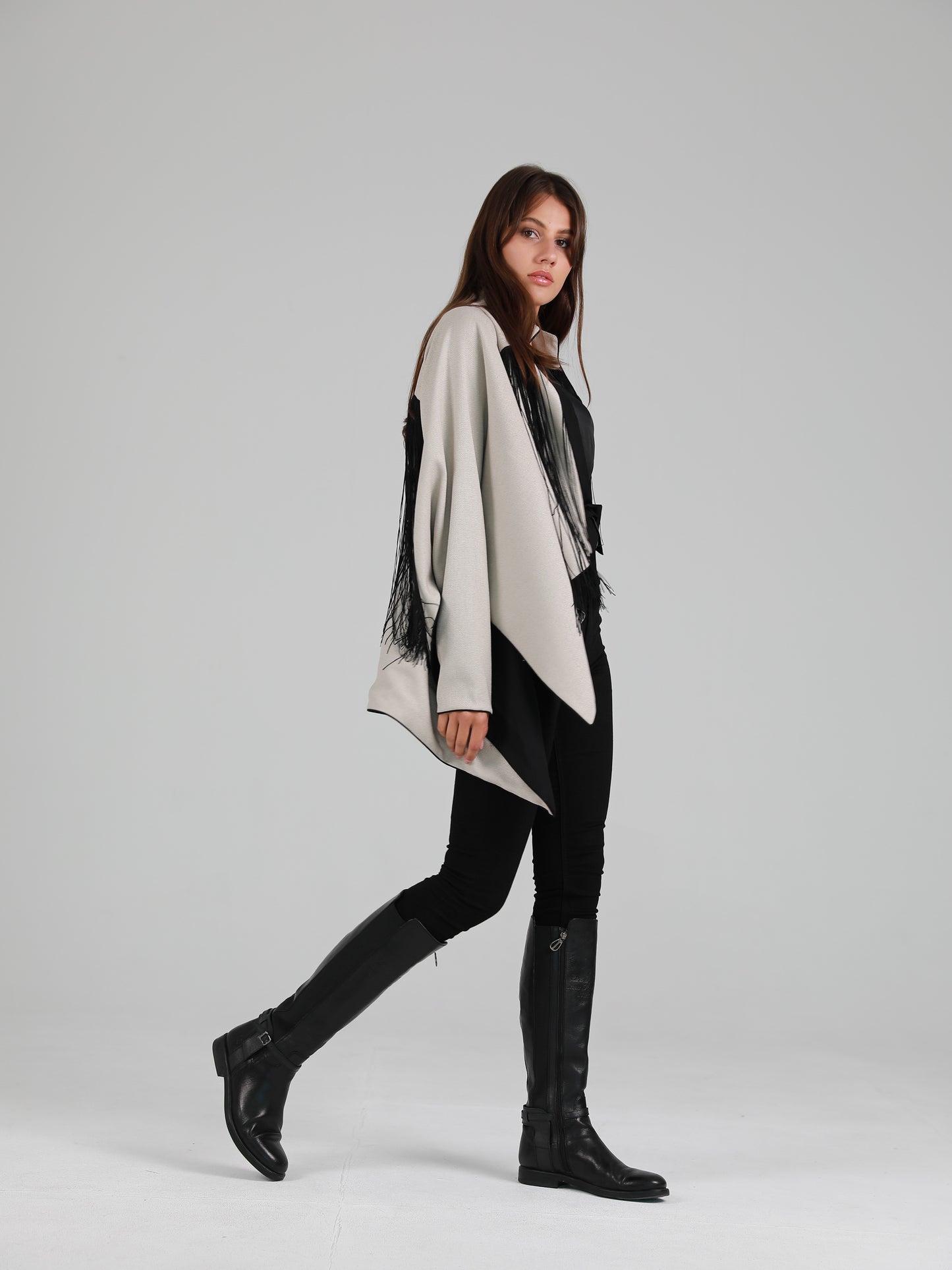 Long-Sleeve High Mandarin Collar Fringed Cape - Grey