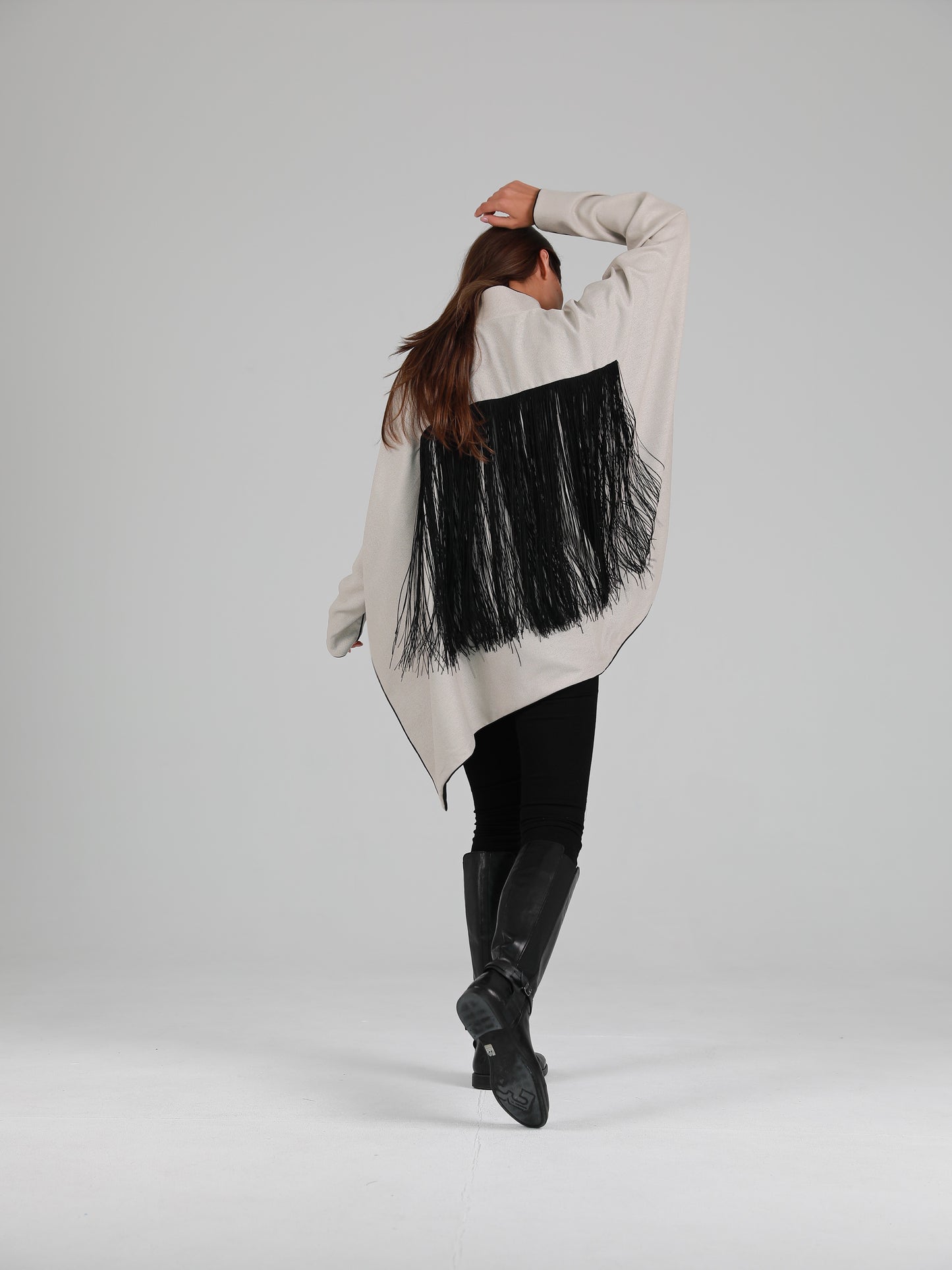 Long-Sleeve High Mandarin Collar Fringed Cape - Grey