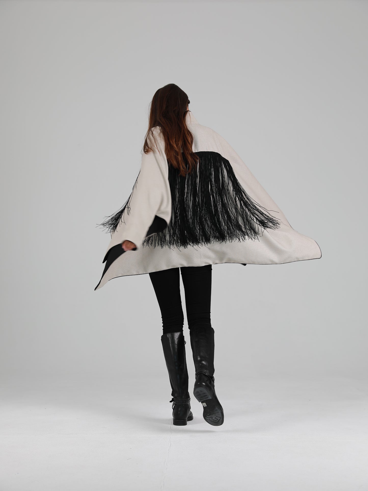 Long-Sleeve High Mandarin Collar Fringed Cape - Grey