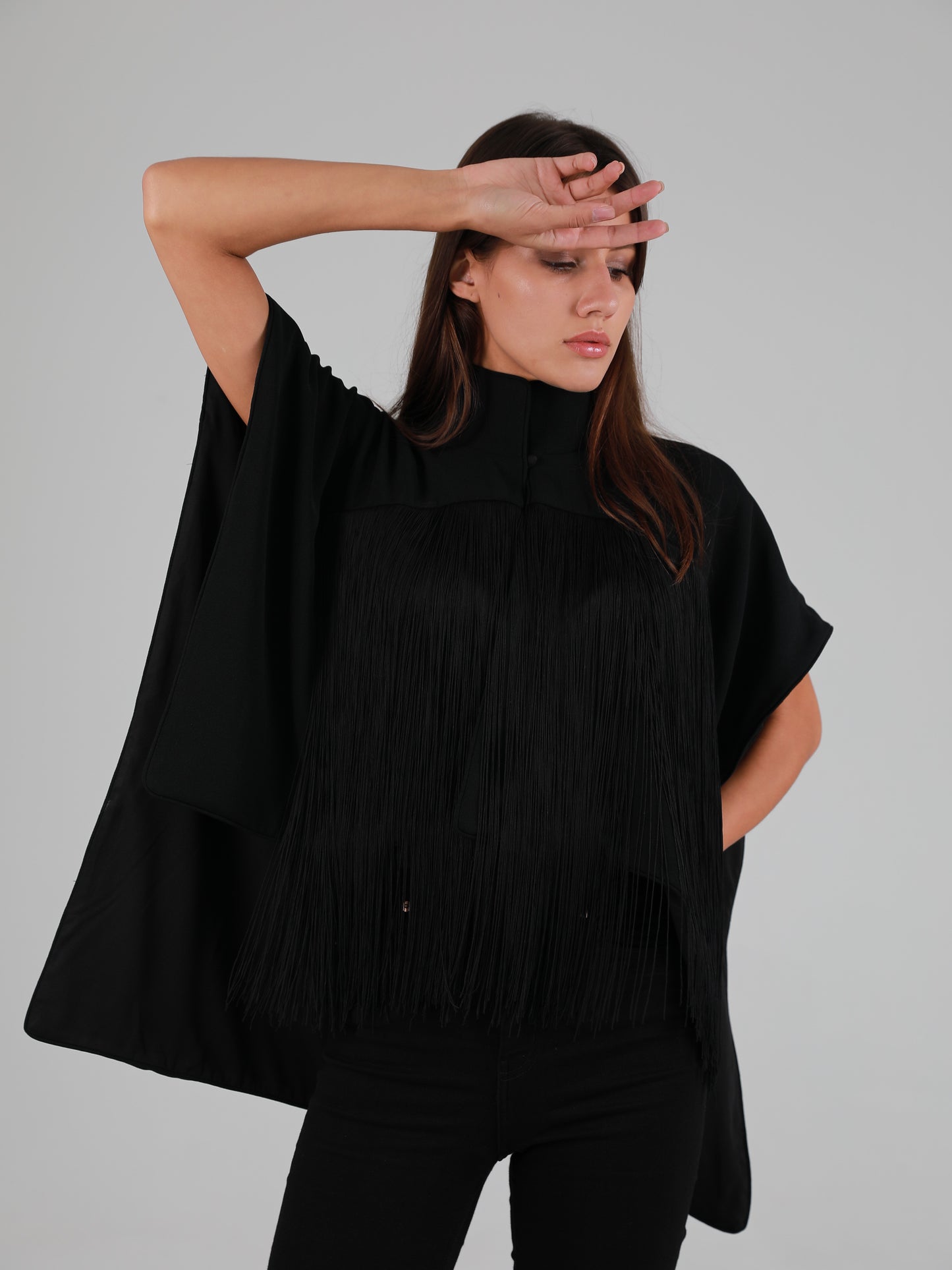 Sleeveless High Mandarin Collar Fringe Cape - Black