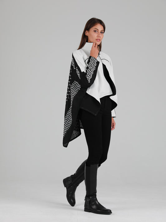 Long-Sleeve High Mandarin Collar Keffiyeh Cape - White/Black