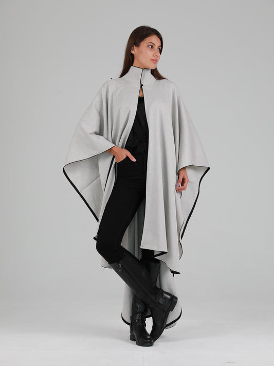 High Mandarin Collar Asymmetric Cape - Grey