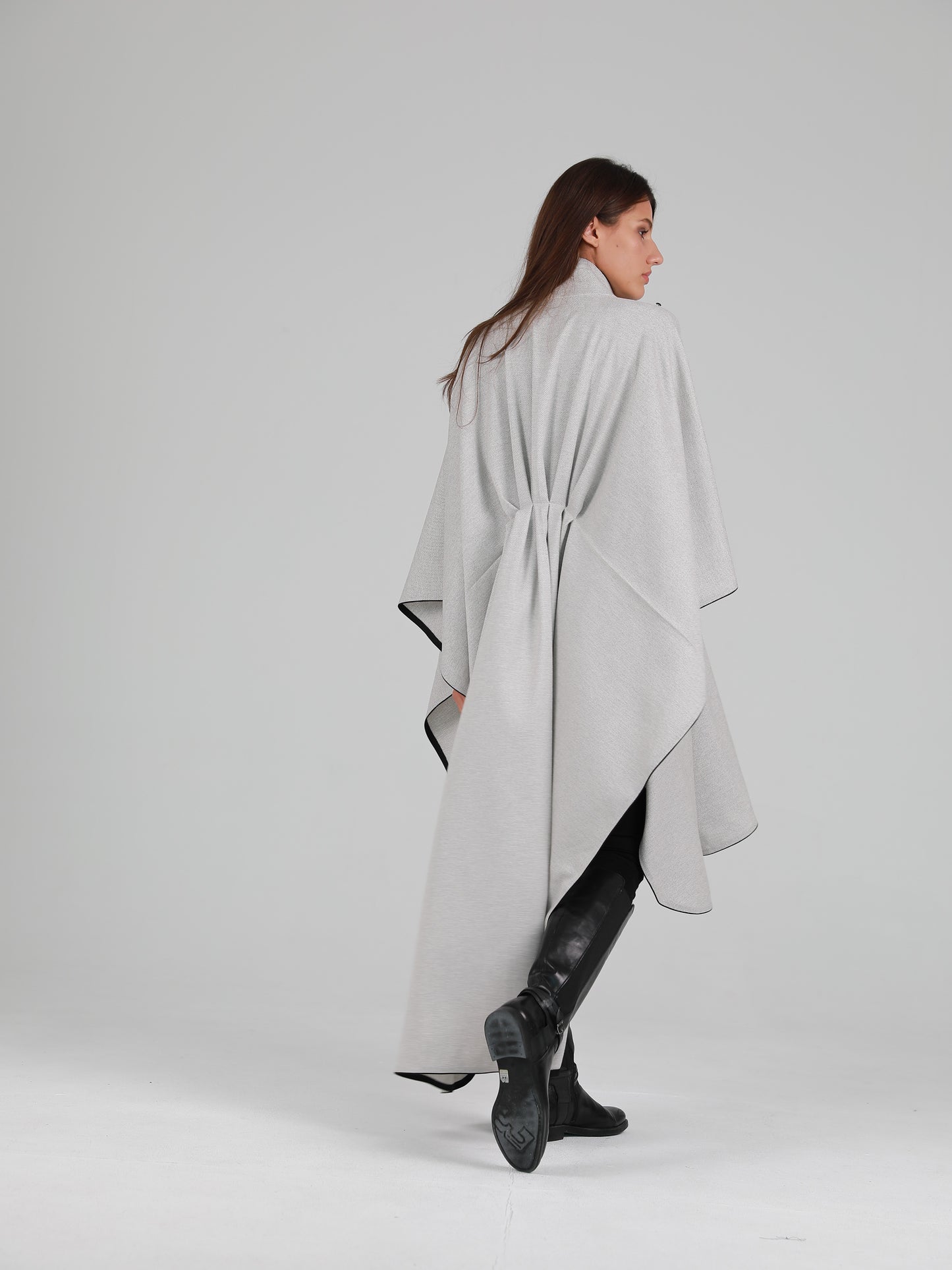 High Mandarin Collar Asymmetric Cape - Grey