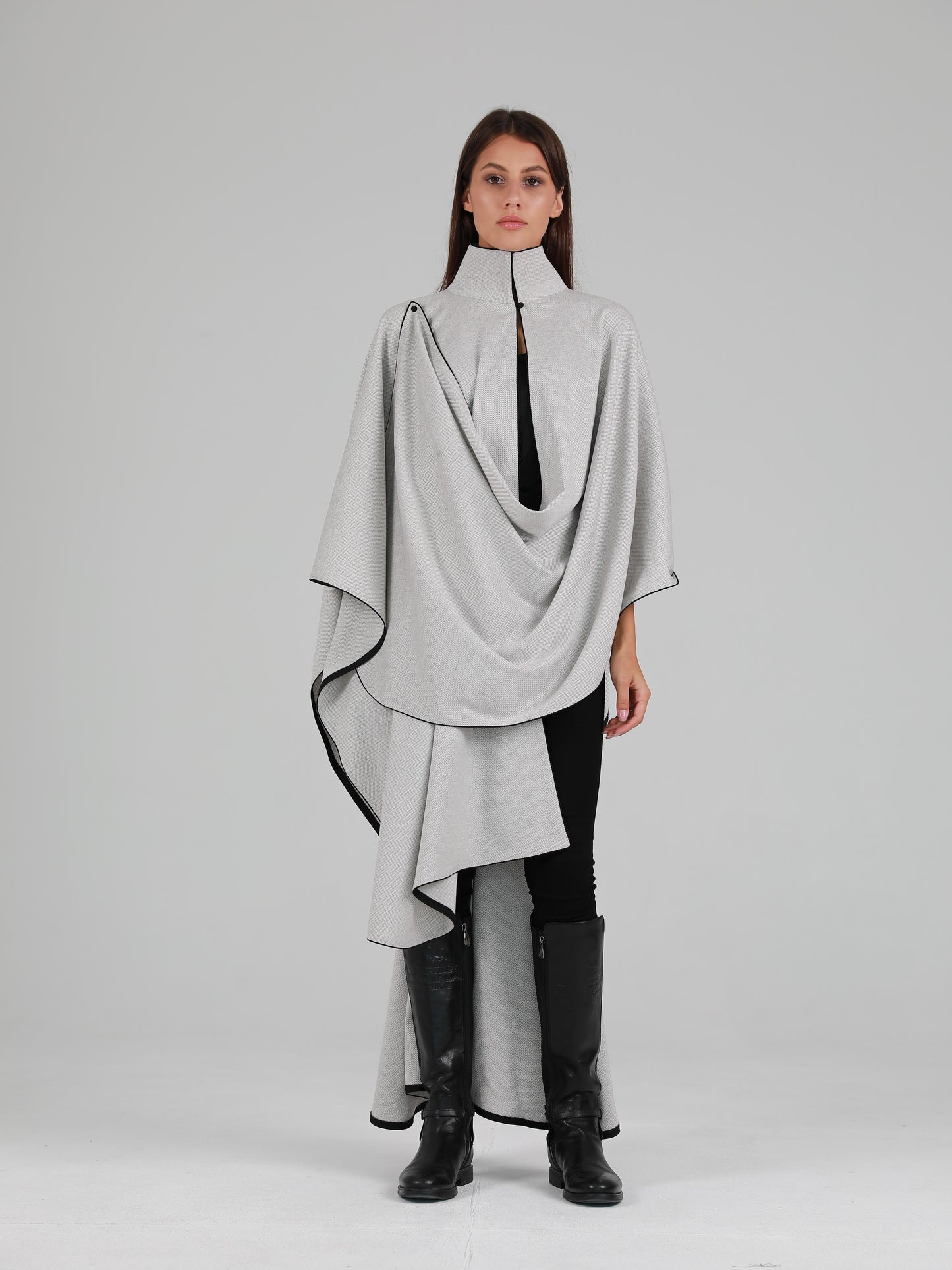 High Mandarin Collar Asymmetric Cape - Grey