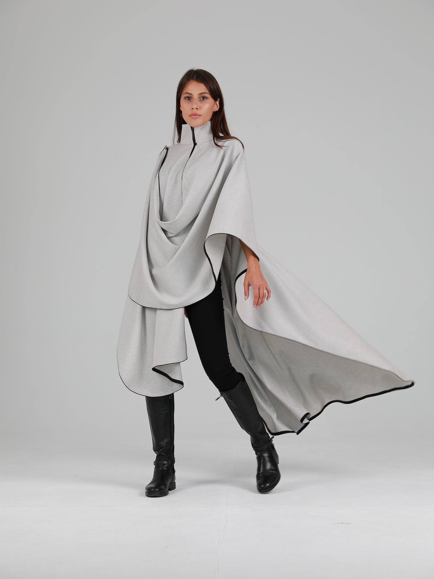 High Mandarin Collar Asymmetric Cape - Grey