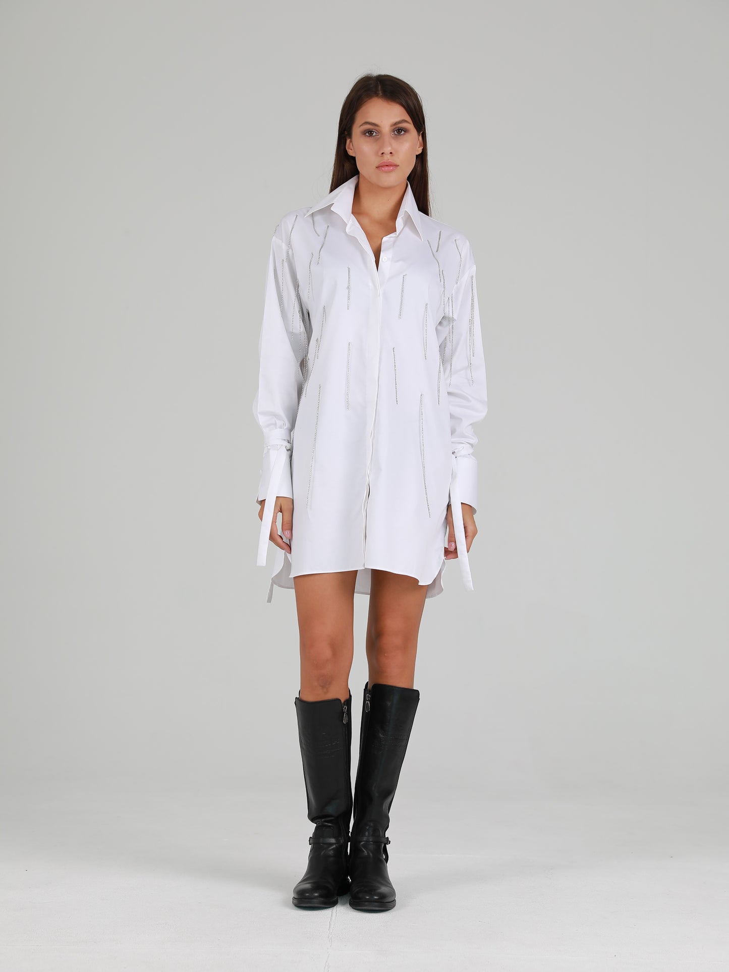 Chain Embellished Shirt Dress - White